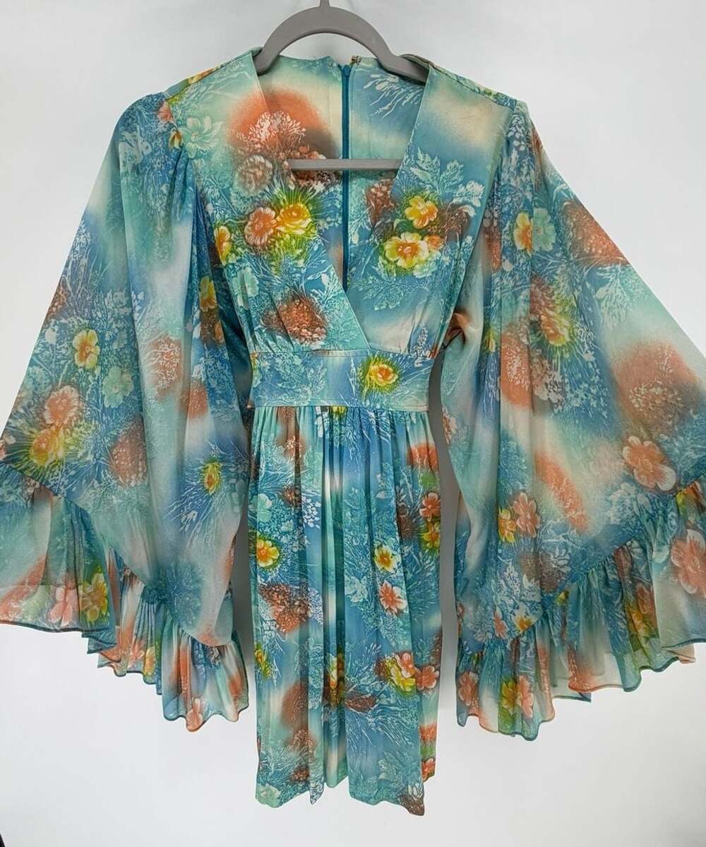Vintage 70s Angel Sleeve Floral Mini Dress Blue Boho Fairycore XS/S